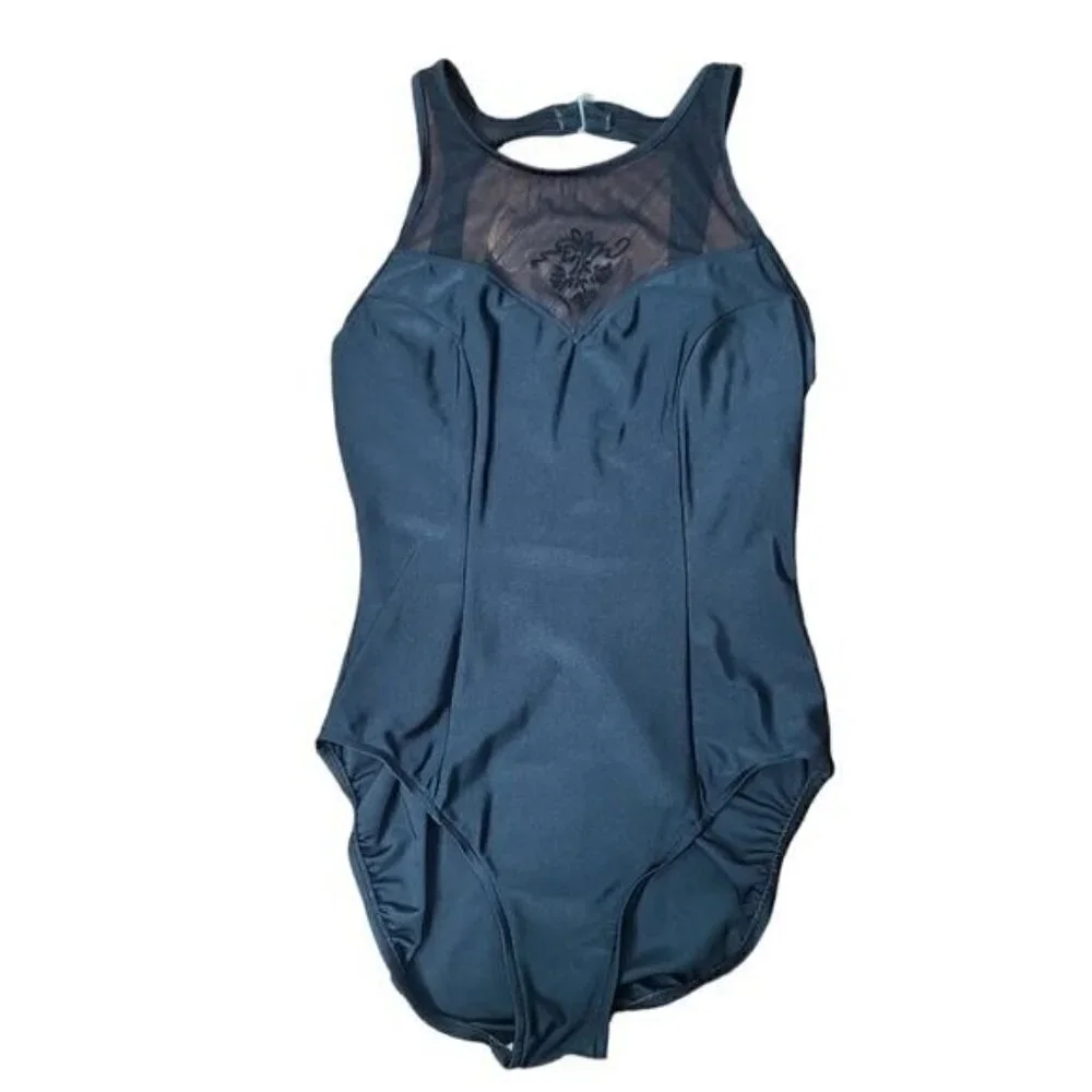 Vintage 90s Jantzen Black Mesh High Neck One Piece Swimsuit